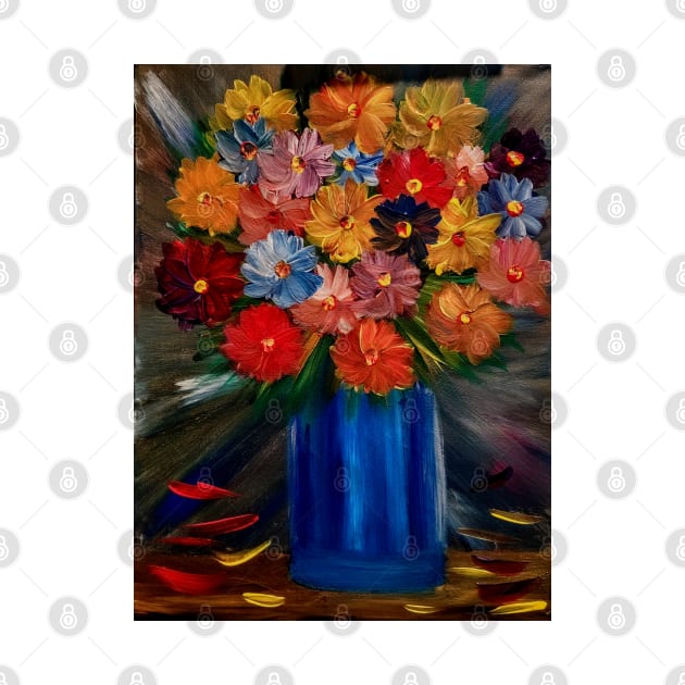 Some a lovely simple bouquet of flowers in blue vase Painted on a metallic gold and multiple colors blend. by kkartwork