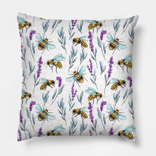 Watercolor and ink Honey Bees and Lavender Flowers Pillow