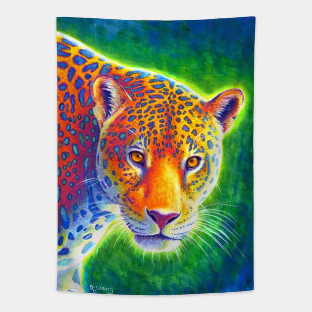 Light in the Rainforest Rainbow Jaguar Wild Feline Tapestry by rebeccawangart