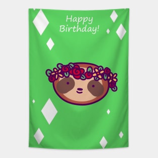 Happy Birthday - Flower Crown Sloth Face Tapestry