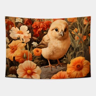 Retro Vintage Art Style Baby Chick in Field of Wild Flowers - Whimsical Farm Tapestry