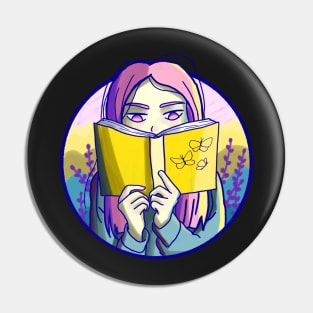 Cute girl with pink hair reading Pin