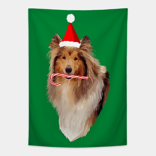 Christmas Santa Candy Cane Collie Tapestry by Art by Deborah Camp