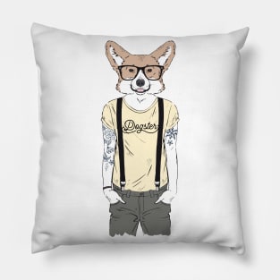 Tattooed Corgi With Suspenders Pillow