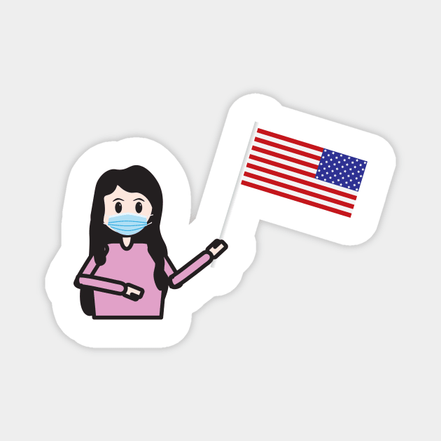 Girl with face mask holding the USA flag Magnet by sigdesign