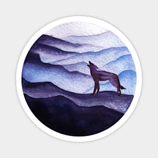 Moonlight coyote silhouette, misty mountains Magnet