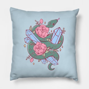 Green Snake with Peonies and Blue Crystals Pillow