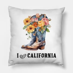 I Love California Boho Cowboy Boots with Flowers Pillow