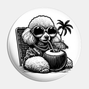 poodle dog wearing sunglasses drinking a coconut drink on a tropical beach Pin