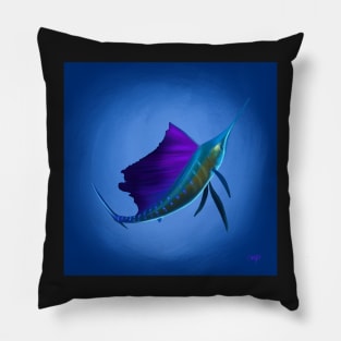 Sailfish painting, with hues of blues, purples and greens. Great gift for a fishing lover. Pillow