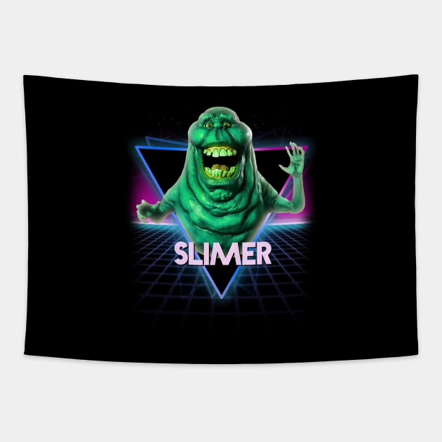 Slimer Ghostbusters Retro 80s Neon Landscape Tapestry by Bevatron