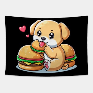 puppy dog pet sticker cartoon vector illustration eat burger Tapestry