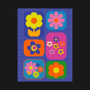 Retro Flower Patch Cute Colorful Vintage Aesthetic Flowers on Blue T-Shirt