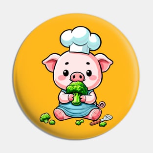 Piglet Chef Eating Broccoli Pin