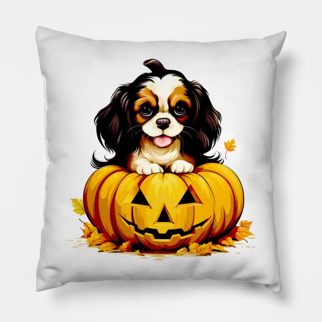 Cavalier King Charles Spaniel Dog inside Pumpkin#1 Pillow by Chromatic Fusion Studio
