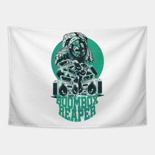 Green Boombox Reaper - Skull-Face Astronaut with Boomboxes Tapestry