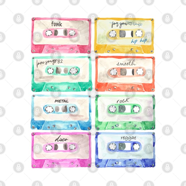 Colorful cassettes watercolors composition by marufemia