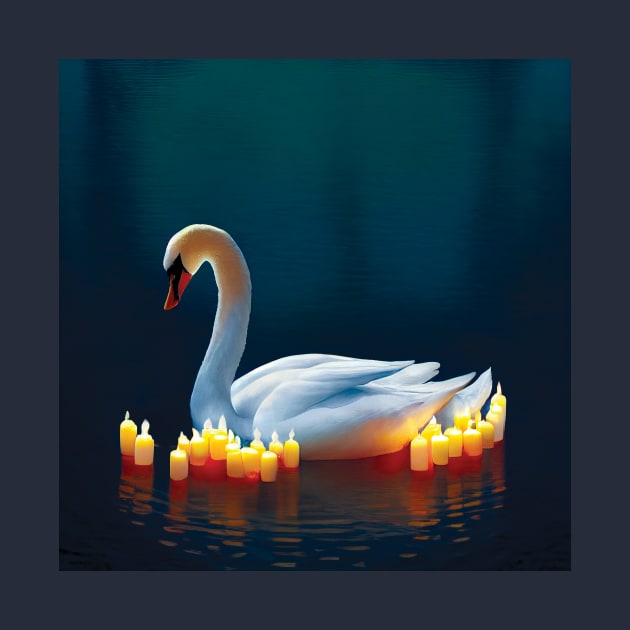 Beautiful Swan surrounded by candles on a  Lake. Romantic Image by Geminiartstudio