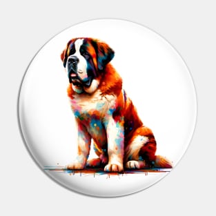 Saint Bernard Dog in Colorful Abstract Splash Art Pin