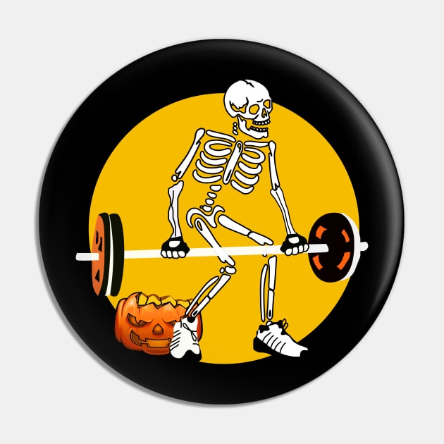 Skeleton Weight lifting Pumpkin Funny Halloween Pin by ROMANSAVINRST