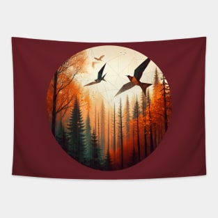 Low Poly Autumn Forest Treetops with Birds Tapestry