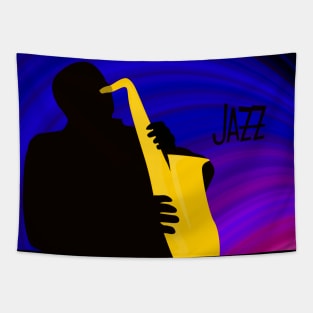 Silhouette of a Jazz Saxophone Player, Purple Blue Background Tapestry