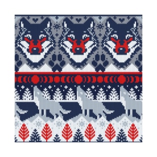 Fair isle knitting grey wolf // pattern // navy blue and grey wolves red moons and pine trees T-Shirt