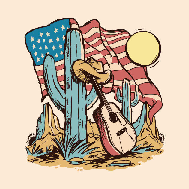 Vintage American Southwest Cartoon with Cactus, Guitar & American Flag by SLAG_Creative