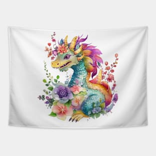 Cute Spring Flower Dragon Watercolor Tapestry