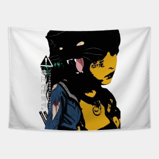 Black Cat Japanese Cyberpunk Tapestry