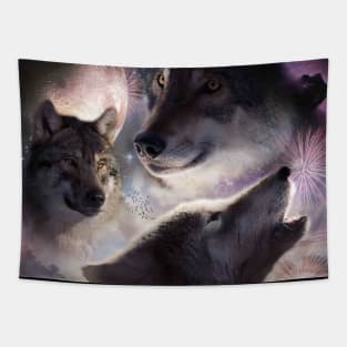 3 Wolf Beach, Three Wolves Howling At Moon In Space Tapestry