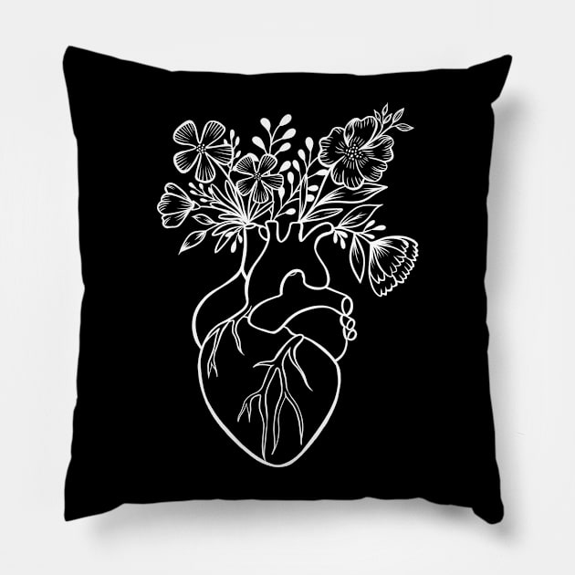 Floral Human Heart Anatomy | Line Art Pillow by Lizzamour