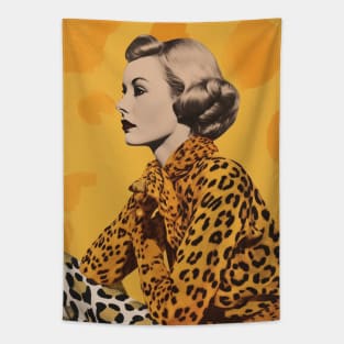 Leopard Print Elegant Lady Vintage Collage Tapestry