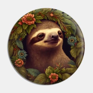 Cute Sloth in a Floral Wreath Pin