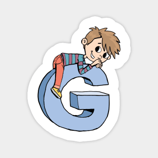 boy climbed up and lay down on the capital letter G Magnet