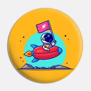 Cute Astronaut Holding Flag With Riding Rocket in Space Cartoon Vector Icon Illustration Pin