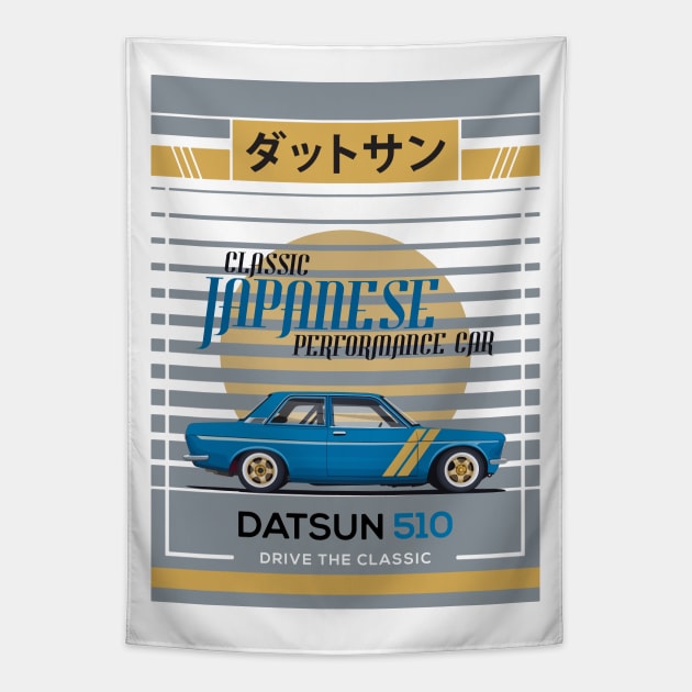 Datsun 510 - Classic Japanese Performance Car Tapestry by Ajie Negara