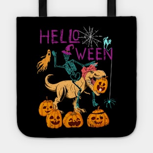 Skeleton Riding Dinosaur Messy Bun Halloween Tote