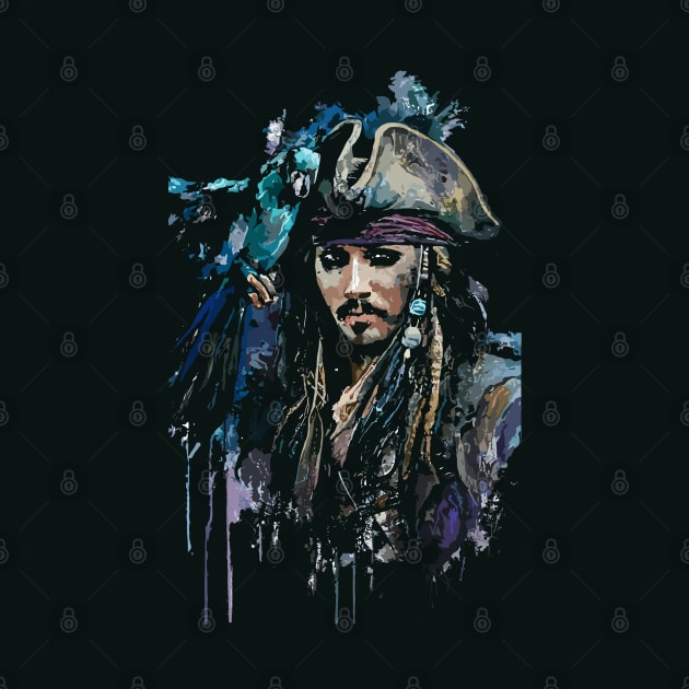 Pirate with Parrot in Old Classic Costume with Furious Face in Ink Painting Style by diegotorres