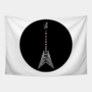 Tiled Pixel Silver King Flying V Guitar in a Black Circle Tapestry