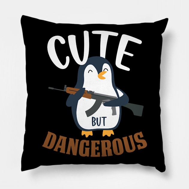 Cute But Dangerous  Funny Penguin Gift Pillow by CatRobot