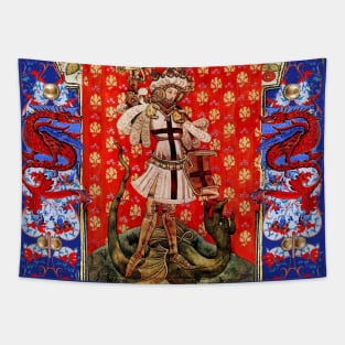 St. George and Dragon Medieval Miniature ,Red Blue White Floral Motifs Tapestry