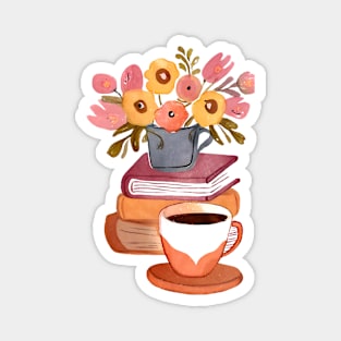 Cute Watercolor Books Flowers and Coffee Cup Magnet