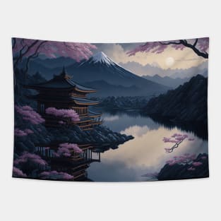 Serene Mount Fuji Sunset - Peaceful River Scenery - Lotus Flowers Tapestry