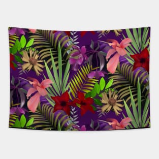 Elegant tropical flowers and leaves pattern purple illustration, pink tropical pattern over a Tapestry