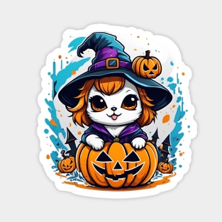 A cat in a witches hat sitting on top of a pumpkin Magnet