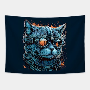 Blue steampunk cat drawn Tapestry