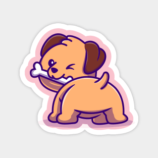 Cute Dog Bites Bone Cartoon Magnet