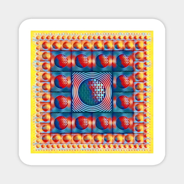 magic carpet style design blue yellow and red squared circle design Magnet by mister-john