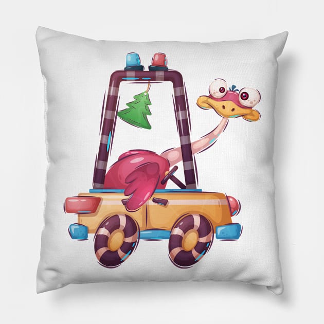Funny ostrich driving a car cartoon concept Pillow by GiftsRepublic